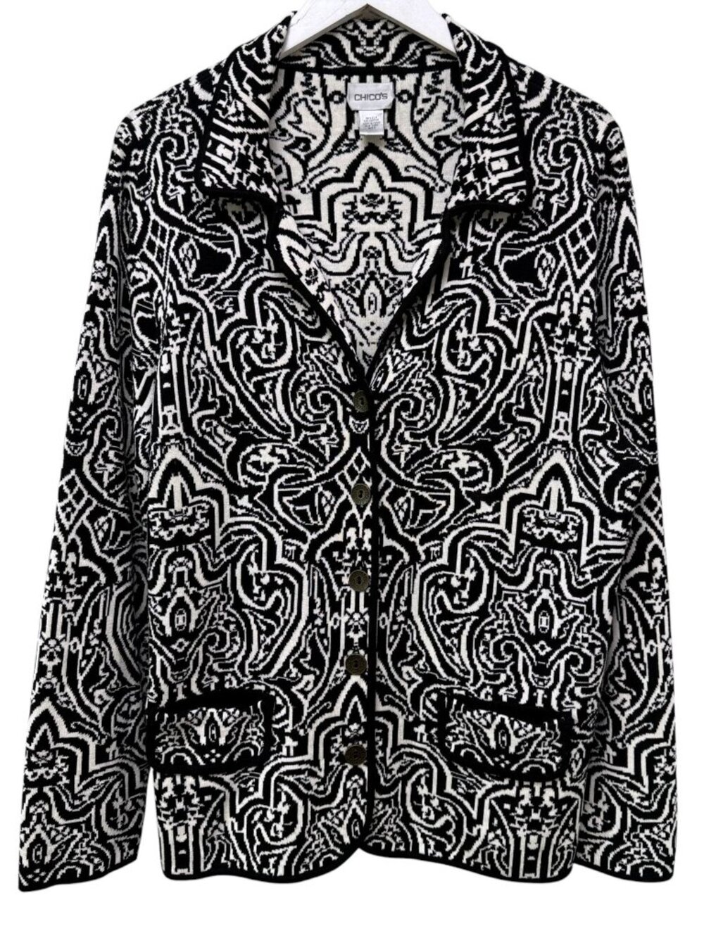 Chico's Womens Sweater Jacket XL Black White Paisley Silk Cotton Knit Cardigan